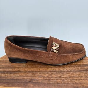 Stuart Weitzman Shoes Womens 8.5 M Brown Suede Leather Rhinestones Loafers Flats